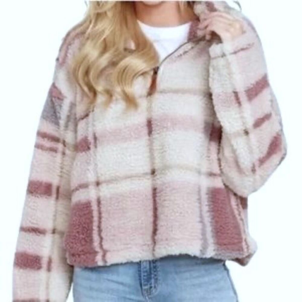 Thread & Supply Faux Sherpa Teddy Jacket 1/4 Zip Mauve Plaid M